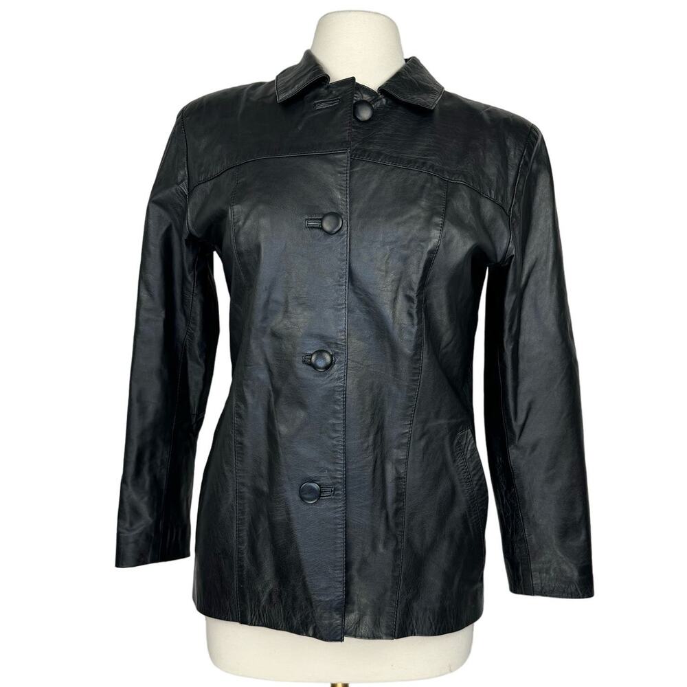 VTG Black Leather 90s Classic Lined Collared Button Up Jacket Women's Large